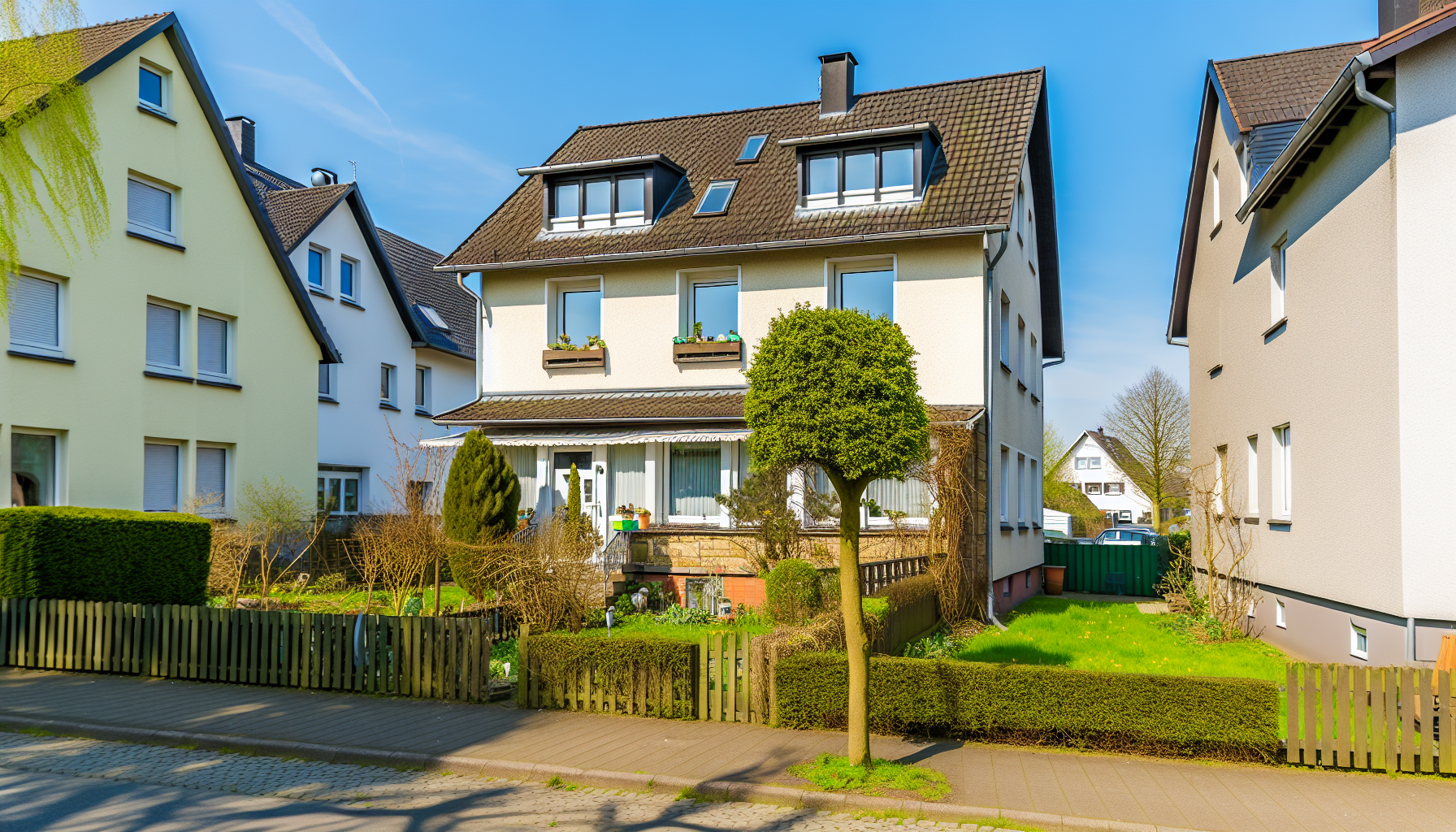 Deutsches Zweifamilienhaus mit gepflegtem Garten und Dachgeschoss